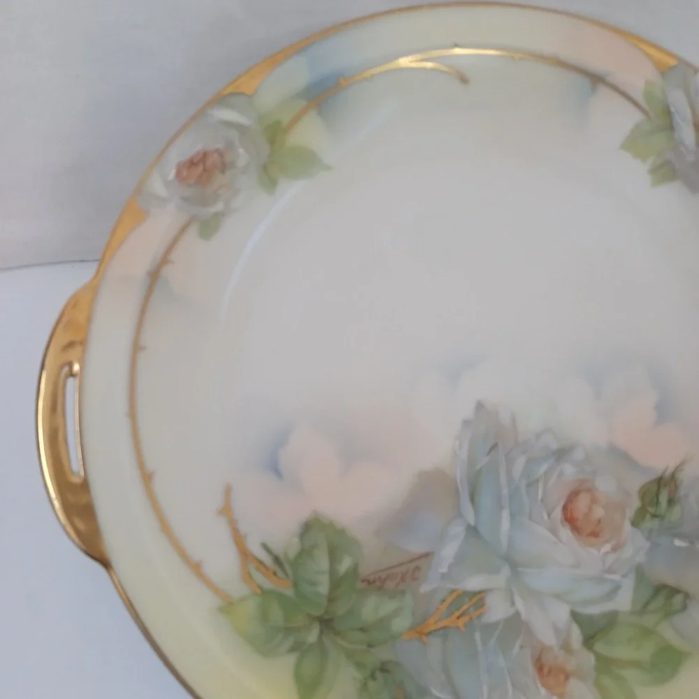 Royal Rudolstadt Hand‎ Painted Prussia Plate White Roses Gold Trim Handles